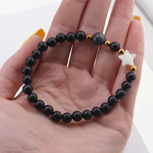 Bratara Shungit sfere 6mm, Larvikit 8mm si steluta din Sidef 10mm cu bumbi aurii, imagine 3