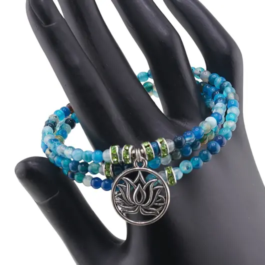 Bratara tripla ajustabila cu pietre semipretioase, Agat albastru sfere 4mm cu charm floare de lotus si zirconiu verde, imagine 2