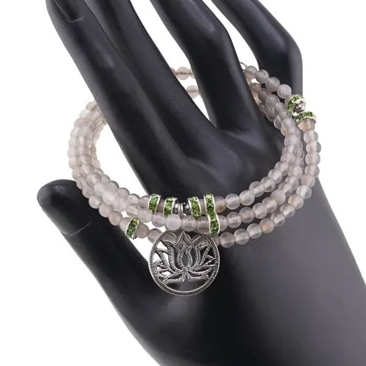 Bratara tripla ajustabila cu pietre semipretioase, Agat gri sfere 4mm cu charm floare de lotus si zirconiu verde, imagine 2