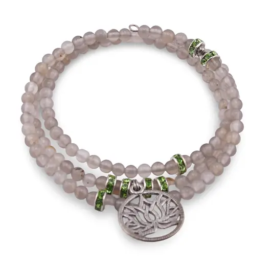 Bratara tripla ajustabila cu pietre semipretioase, Agat gri sfere 4mm cu charm floare de lotus si zirconiu verde