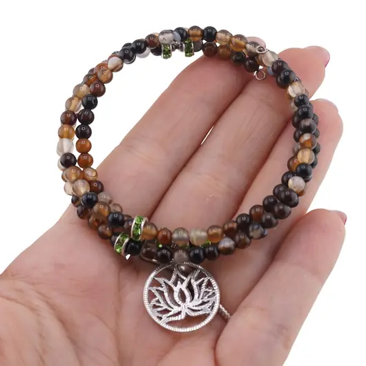 Bratara tripla ajustabila cu pietre semipretioase, Agat maro sfere 4mm cu charm floare de lotus si zirconiu verde, imagine 3