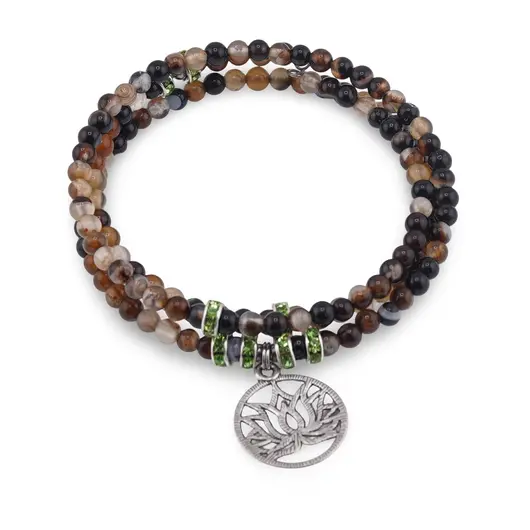 Bratara tripla ajustabila cu pietre semipretioase, Agat maro sfere 4mm cu charm floare de lotus si zirconiu verde