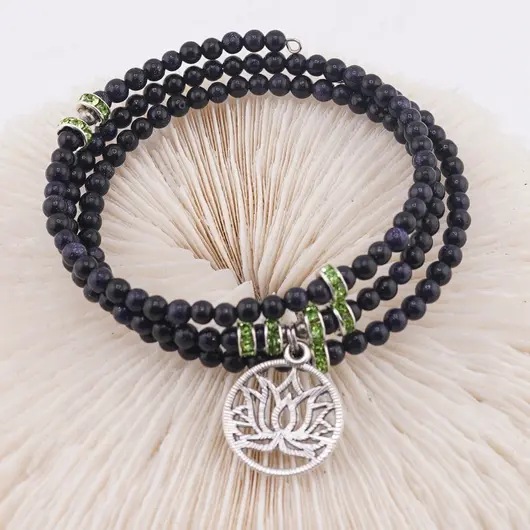 Bratara tripla ajustabila cu pietre semipretioase, Goldstone albastru sfere 4mm cu charm floare delotus si zirconiu verde, imagine 2