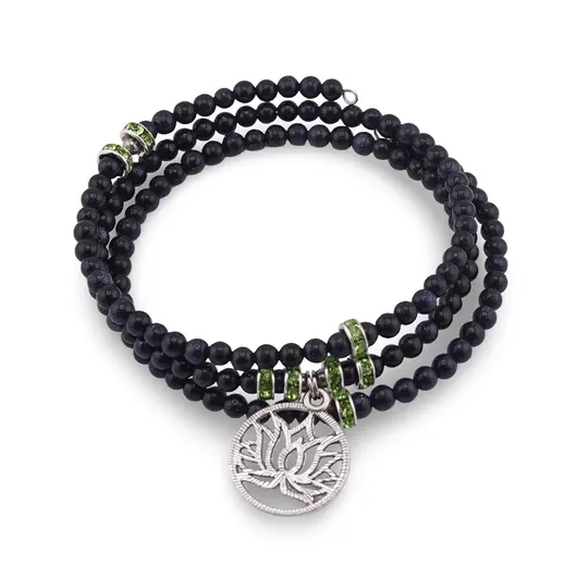 Bratara tripla ajustabila cu pietre semipretioase, Goldstone albastru sfere 4mm cu charm floare delotus si zirconiu verde