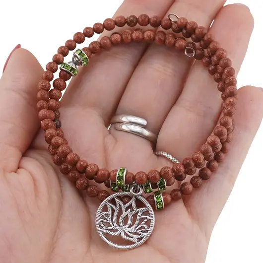 Bratara tripla ajustabila cu pietre semipretioase, Goldstone sfere 4mm cu charm floare de lotus si zirconiu verde, imagine 3