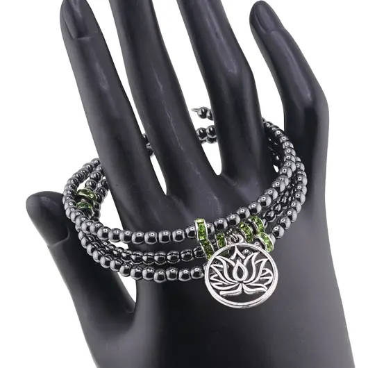 Bratara tripla ajustabila cu pietre semipretioase, Hematit sfere 4mm cu charm floare de lotus si zirconiu verde, imagine 2