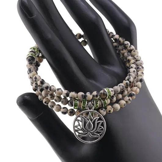 Bratara tripla ajustabila cu pietre semipretioase, Jasp dalmatian albastru sfere 4mm cu charm floare de lotus si zirconiu verde, imagine 2