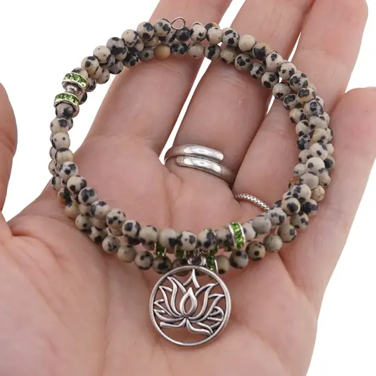 Bratara tripla ajustabila cu pietre semipretioase, Jasp dalmatian albastru sfere 4mm cu charm floare de lotus si zirconiu verde, imagine 3