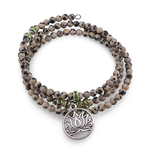 Bratara tripla ajustabila cu pietre semipretioase, Jasp dalmatian albastru sfere 4mm cu charm floare de lotus si zirconiu verde