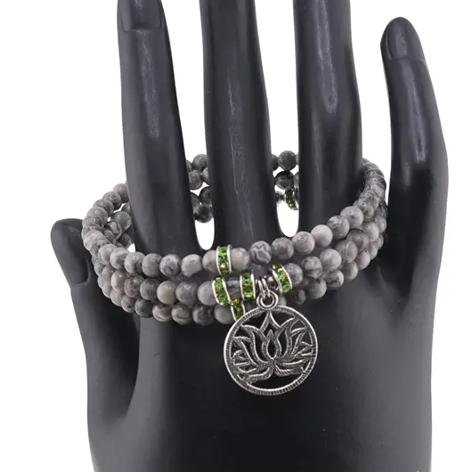 Bratara tripla ajustabila cu pietre semipretioase, Jasp earth sfere 4mm cu charm floare de lotus si zirconiu verde, imagine 2