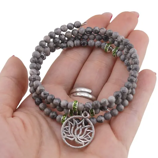Bratara tripla ajustabila cu pietre semipretioase, Jasp earth sfere 4mm cu charm floare de lotus si zirconiu verde, imagine 3