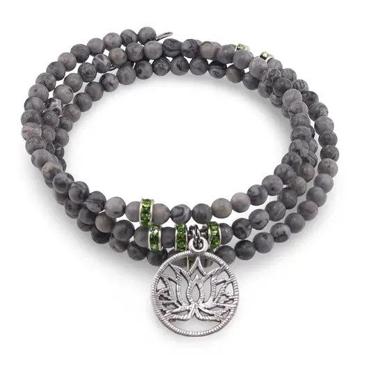 Bratara tripla ajustabila cu pietre semipretioase, Jasp earth sfere 4mm cu charm floare de lotus si zirconiu verde