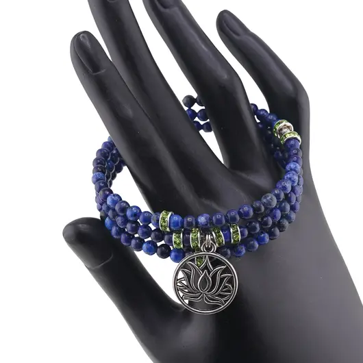Bratara tripla ajustabila cu pietre semipretioase, Lapis lazuli sfere 4mm cu charm floare de lotus si elemente cu zirconiu verde, imagine 2