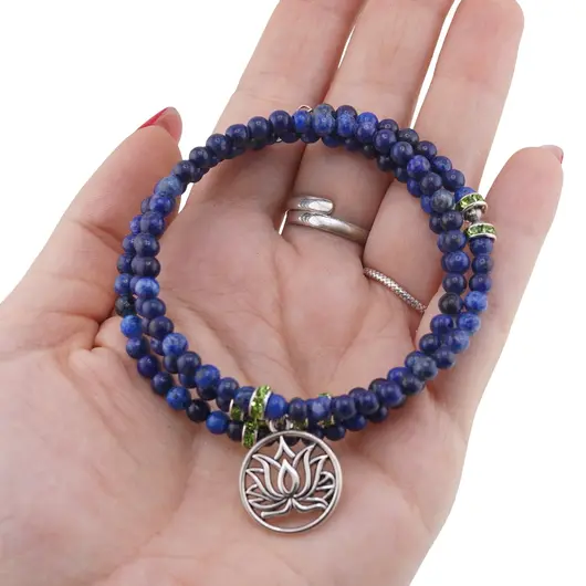 Bratara tripla ajustabila cu pietre semipretioase, Lapis lazuli sfere 4mm cu charm floare de lotus si elemente cu zirconiu verde, imagine 3