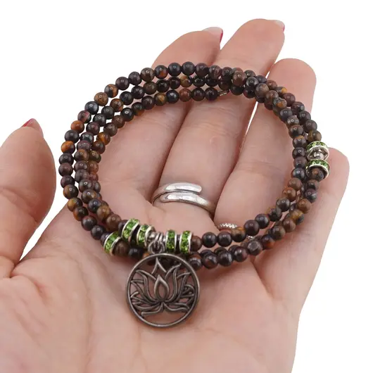 Bratara tripla ajustabila cu pietre semipretioase, Ochi de tigru sfere 4mm cu charm floare de lotus si zirconiu verde, imagine 3