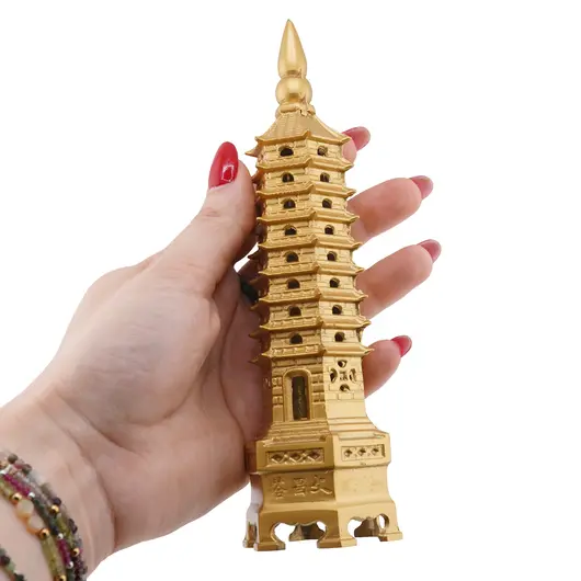 Statueta pagoda cu 9 nivele din metal auriu, 18cm, imagine 3