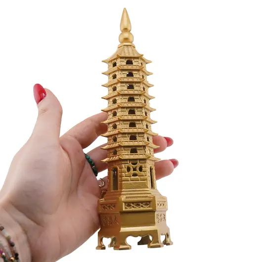 Statueta pagoda cu 9 nivele din metal auriu, 20cm, imagine 3
