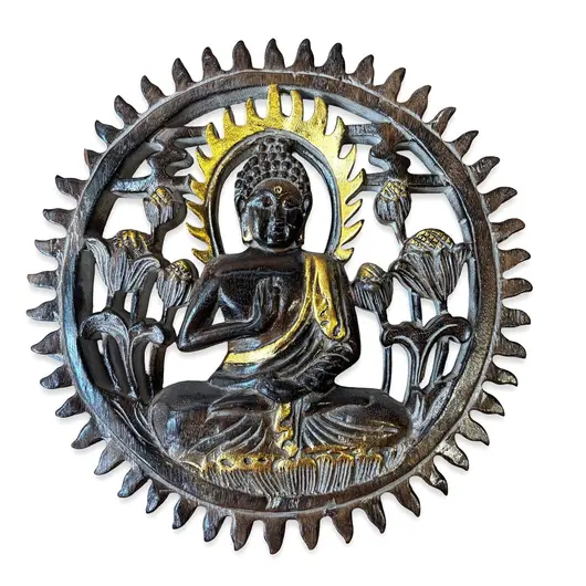 Decoratiune din lemn Buddha sculptat cu accente aurii