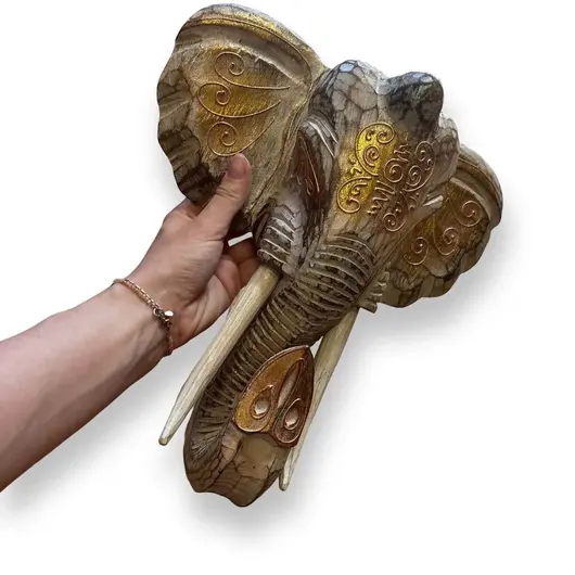 Decoratiune din lemn cap de elefant alb cu accente aurii, imagine 3