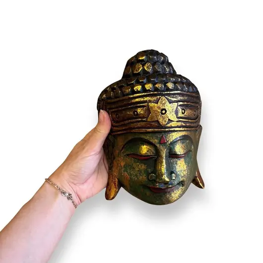Decoratiune din lemn Capul lui Buddha cu accente aurii, imagine 3