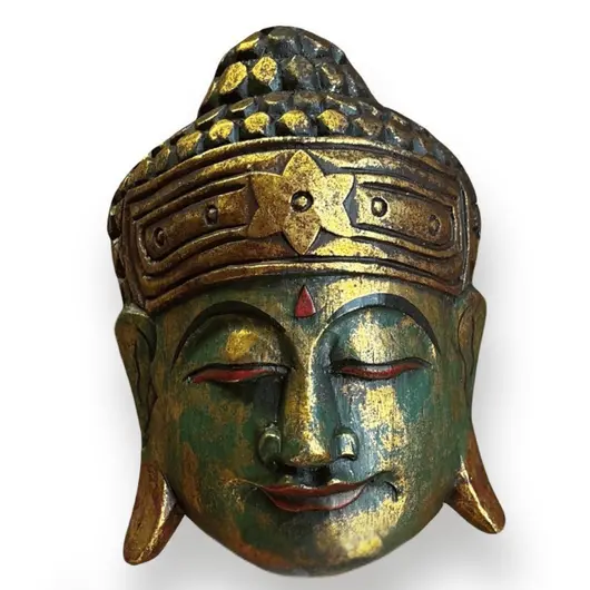 Decoratiune din lemn Capul lui Buddha cu accente aurii