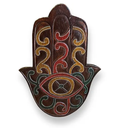 Decoratiune din lemn Hamsa cu model ochi protector colorat