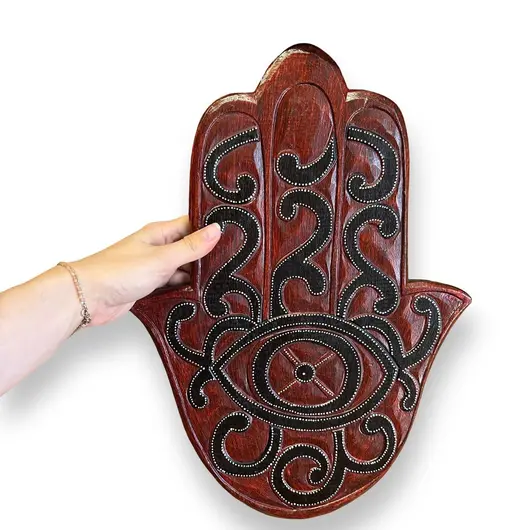 Decoratiune din lemn Hamsa cu model ochi protector negru, imagine 3