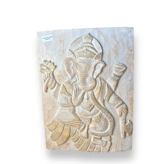 Decoratiune Tablou din lemn alb sculptat cu Ganesha