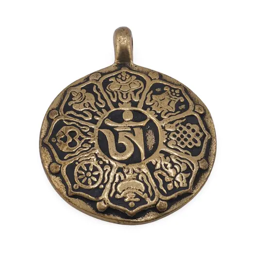 Pandantiv Feng Shui din metal antichizat cu cele 8 simboluri norocoase, 4,5cm