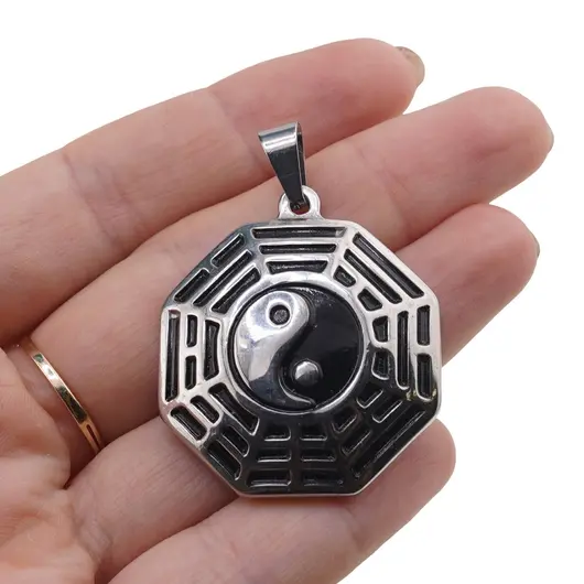 Pandantiv Feng Shui hexagona, Ying Yang argintiu, 32mm, imagine 3