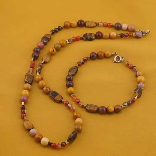 Set colier si bratara Mookait sfere 6mm, Ochi de tigru neuniform 12mm, Carneol sfere 4mm si Hematit auriu, imagine 2