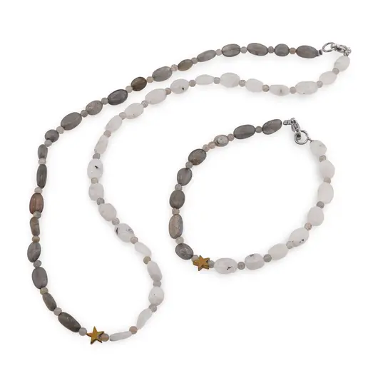 Set colier si bratara Piatra lunii si Labradorit neuniform 7-10mm, Labradorit sfere 3mm si steluta din Hematit auriu