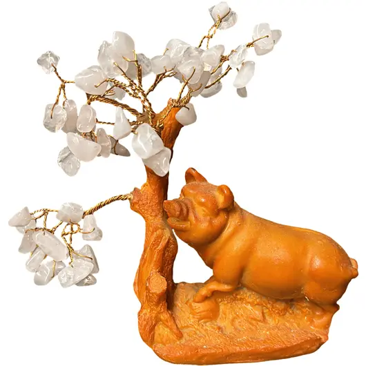 Copac cu pietre de cuart roz si statueta porc
