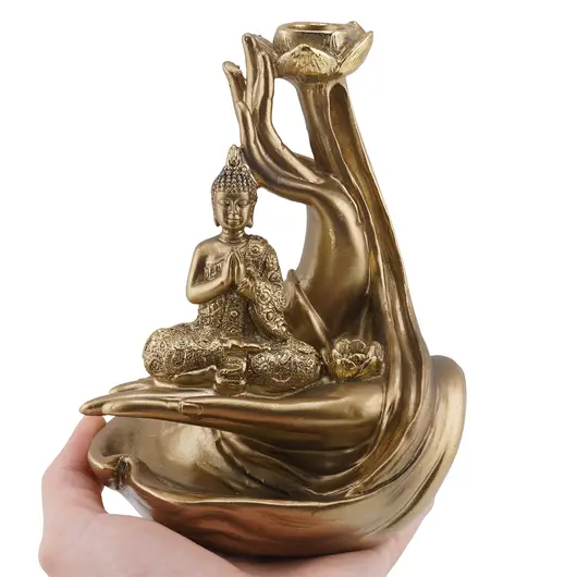 Suport ardere conuri parfumate cascada - backflow si betisoare parfumate, Buddha in meditatie auriu, imagine 3