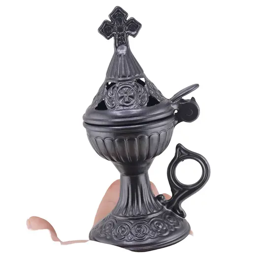 Vas pentru ardere tamaie si ierburi, metal culoare gri inchis, 15cm, imagine 3