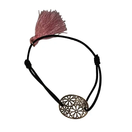 Bratara pe snur elastic cu charm argintiu floral