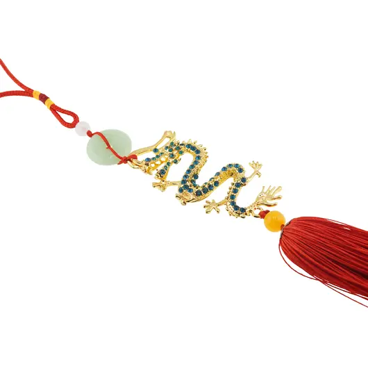 Amuleta breloc Feng Shui Dragon albastru model 3 cu pietre semipretioase si ciucure rosu, imagine 2