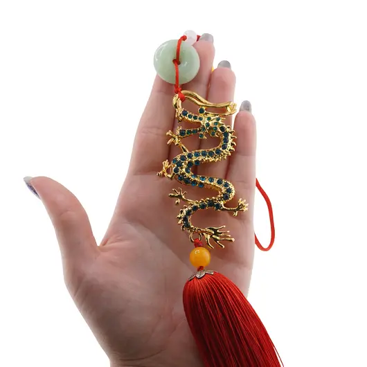 Amuleta breloc Feng Shui Dragon albastru model 3 cu pietre semipretioase si ciucure rosu, imagine 3