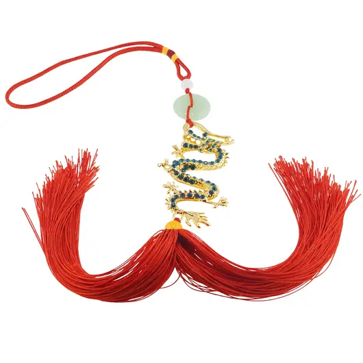 Amuleta breloc Feng Shui Dragon albastru model 3 cu pietre semipretioase si ciucure rosu