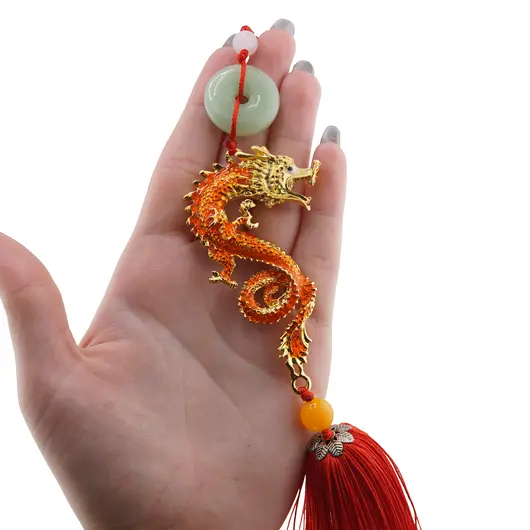 Amuleta breloc Feng Shui Dragon portocaliu model 2 cu pietre semipretioase si ciucure rosu, imagine 3
