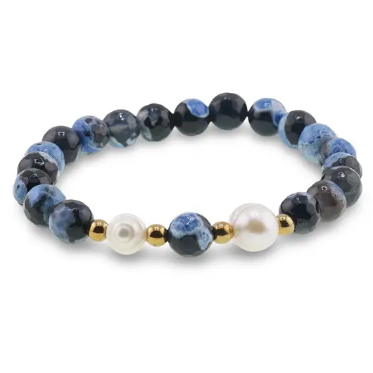Bratara pe elastic Perle de cultura, bumbi aurii si Agat albastru patat sfere fatetate 8mm, imagine 2