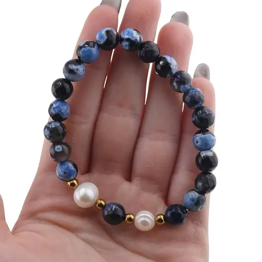 Bratara pe elastic Perle de cultura, bumbi aurii si Agat albastru patat sfere fatetate 8mm, imagine 4