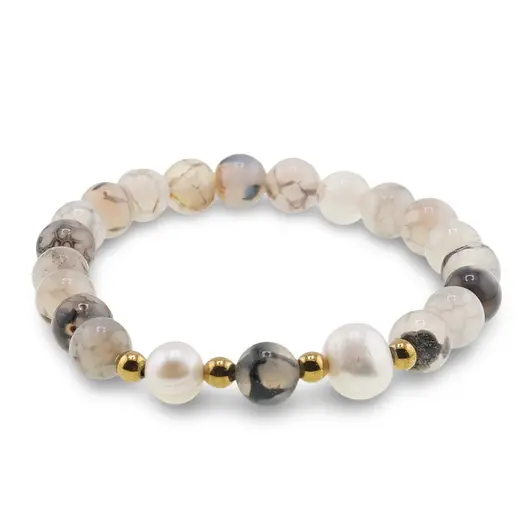 Bratara pe elastic Perle de cultura, bumbi aurii si Agat dragon veins gri sfere 8mm, imagine 2
