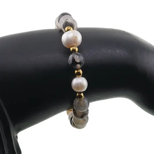 Bratara pe elastic Perle de cultura, bumbi aurii si Agat dragon veins gri sfere 8mm, imagine 3