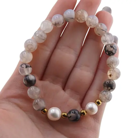 Bratara pe elastic Perle de cultura, bumbi aurii si Agat dragon veins gri sfere 8mm, imagine 4