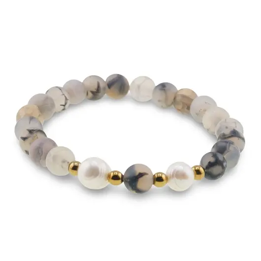 Bratara pe elastic Perle de cultura, bumbi aurii si Agat dragon veins gri sfere mate 8mm, imagine 2