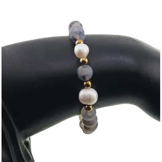 Bratara pe elastic Perle de cultura, bumbi aurii si Agat dragon veins gri sfere mate 8mm, imagine 3