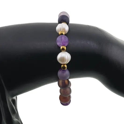 Bratara pe elastic Perle de cultura, bumbi aurii si Agat mov dantelat sfere mate 8mm, imagine 3