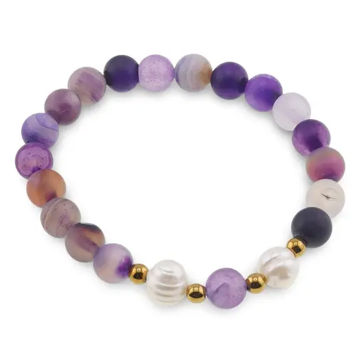 Bratara pe elastic Perle de cultura, bumbi aurii si Agat mov dantelat sfere mate 8mm