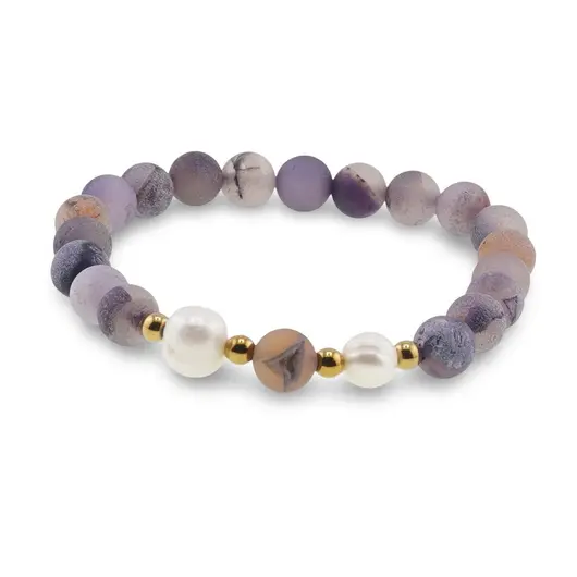 Bratara pe elastic Perle de cultura, bumbi aurii si Agat mov mat sfere 8mm, imagine 2